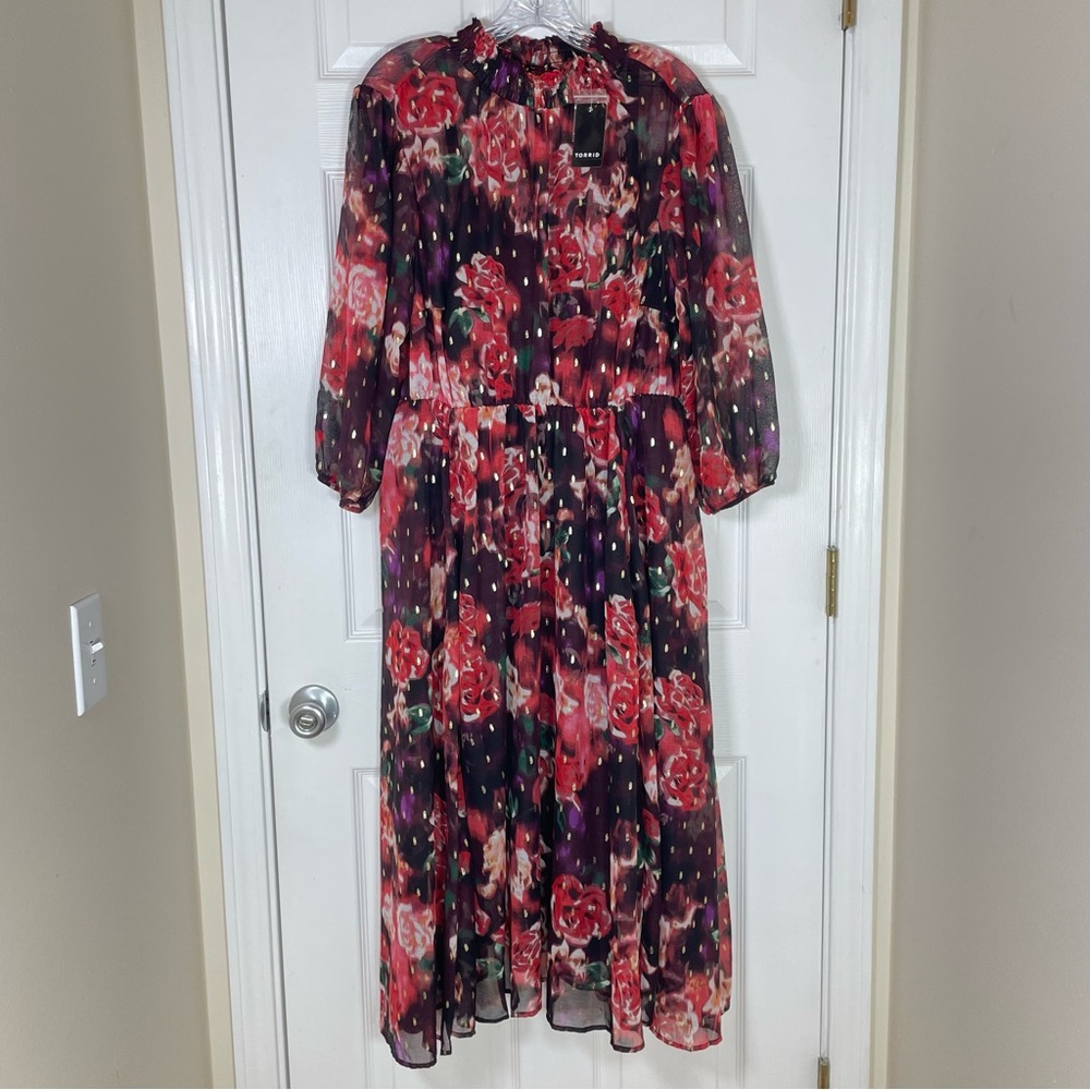 Torrid Womens Burgundy Metallic Floral Chiffon Midi Dress Sz 1X Whimsigoth Fairy